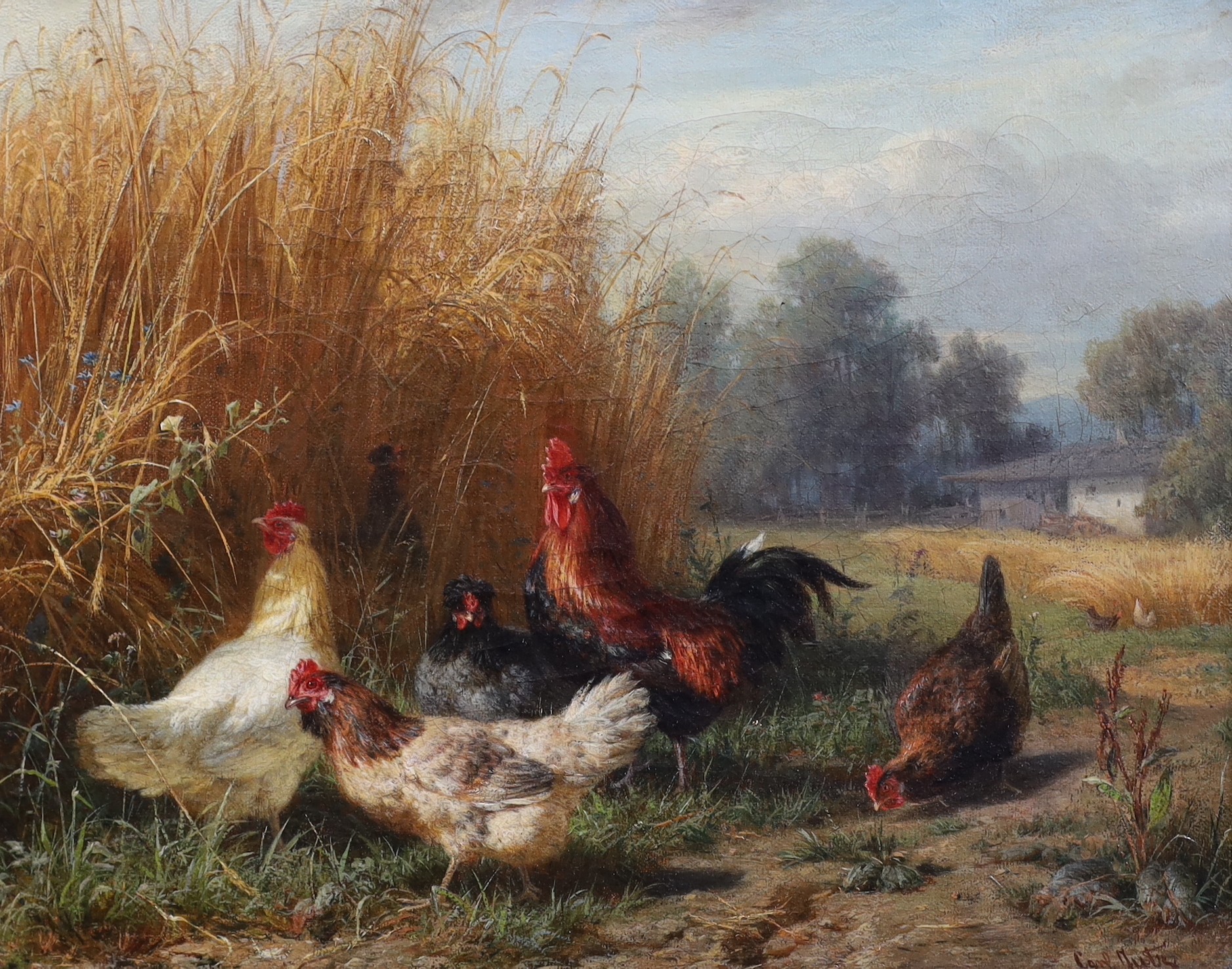 Carl Jutz (German, 1838-1916), Chickens in a field & Ducks beside a stream, pair of oils on canvas, 21 x 26cm